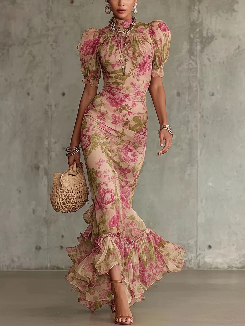 Floral Print High Neck Puff Sleeve Mermaid Maxi Dress