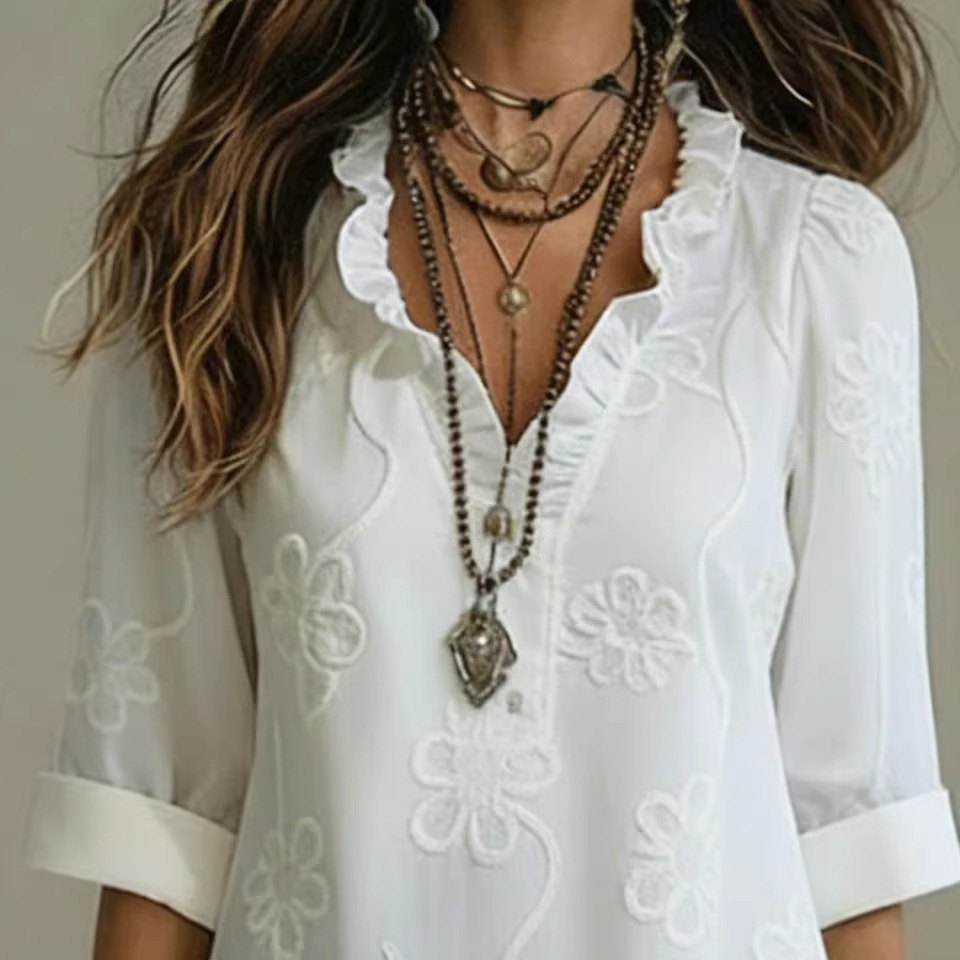 Embroidered Cotton-Linen Blend Dress with V-Neck and Lantern Sleeves
