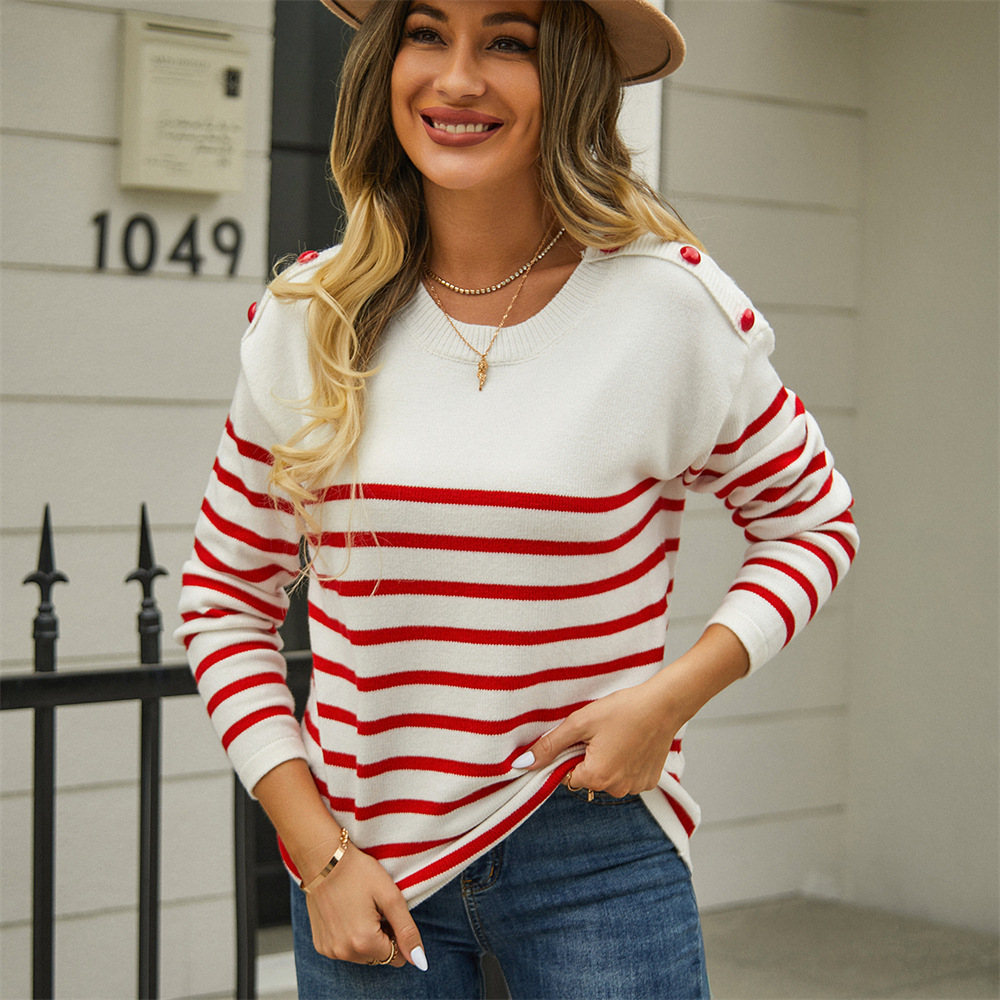 Striped Colorblock Button-Trim Pullover Knit Sweater