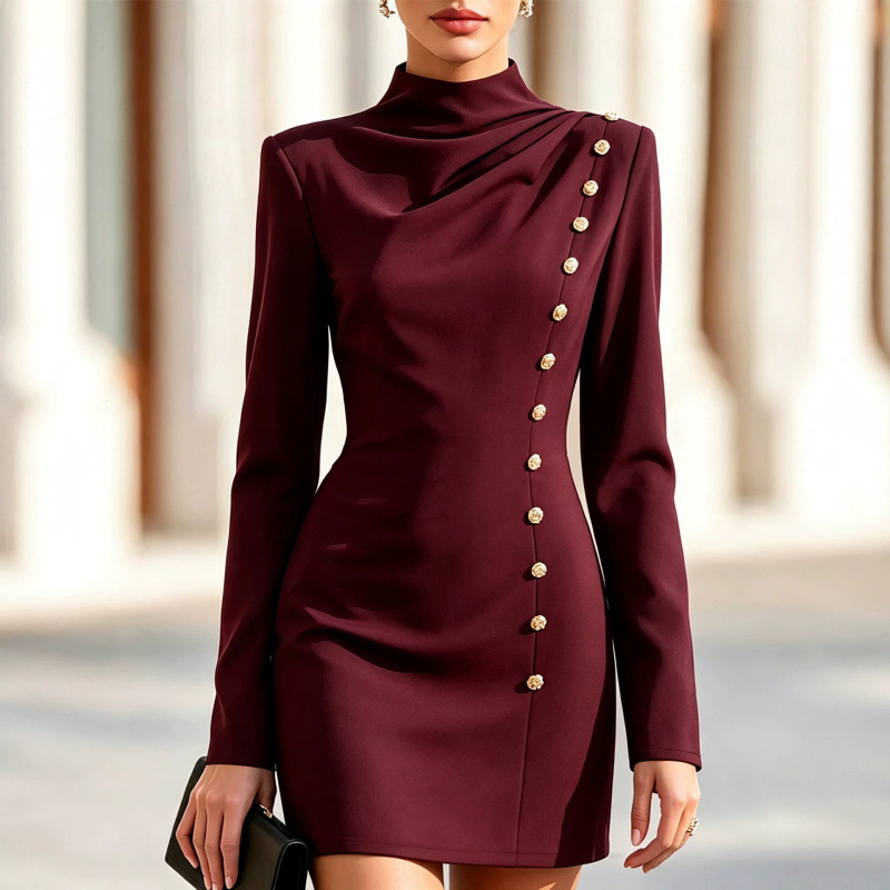 Mock Neck Ruched Bodycon Mini Dress with Metal Buttons Long Sleeve