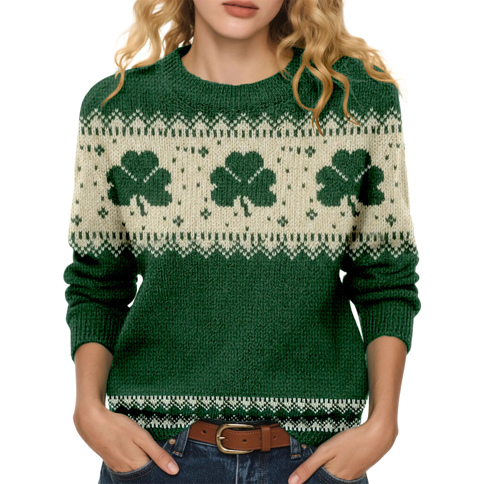 Lucky Clover Print Crewneck Sweatshirt for Women Casual Pullover
