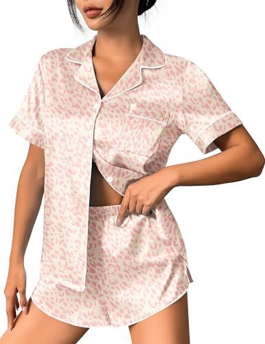 Women's Cuban Collar Leopard Tree Floral Monkey Print Short Sleeve Set