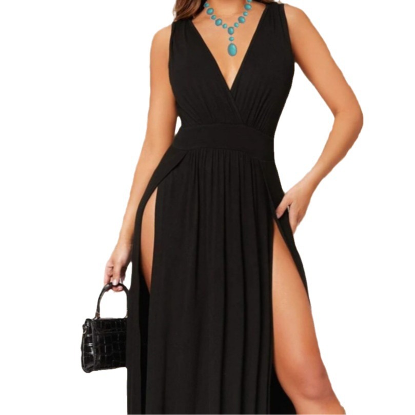 Women's Sleeveless V-Neck Long Dress Solid Color Back V-Neck