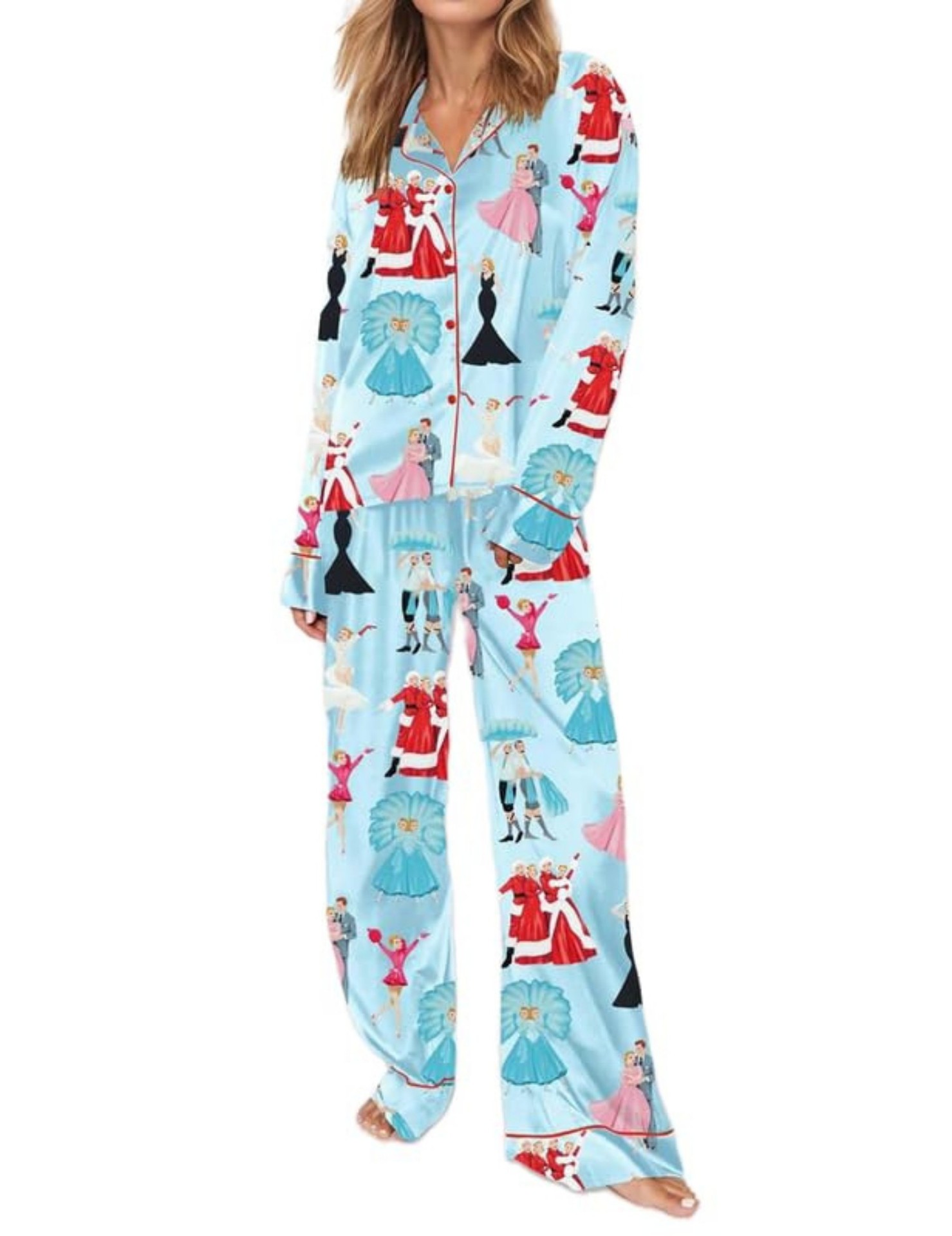 Christmas Tree Print Cuban Collar Long Sleeve Women's Set