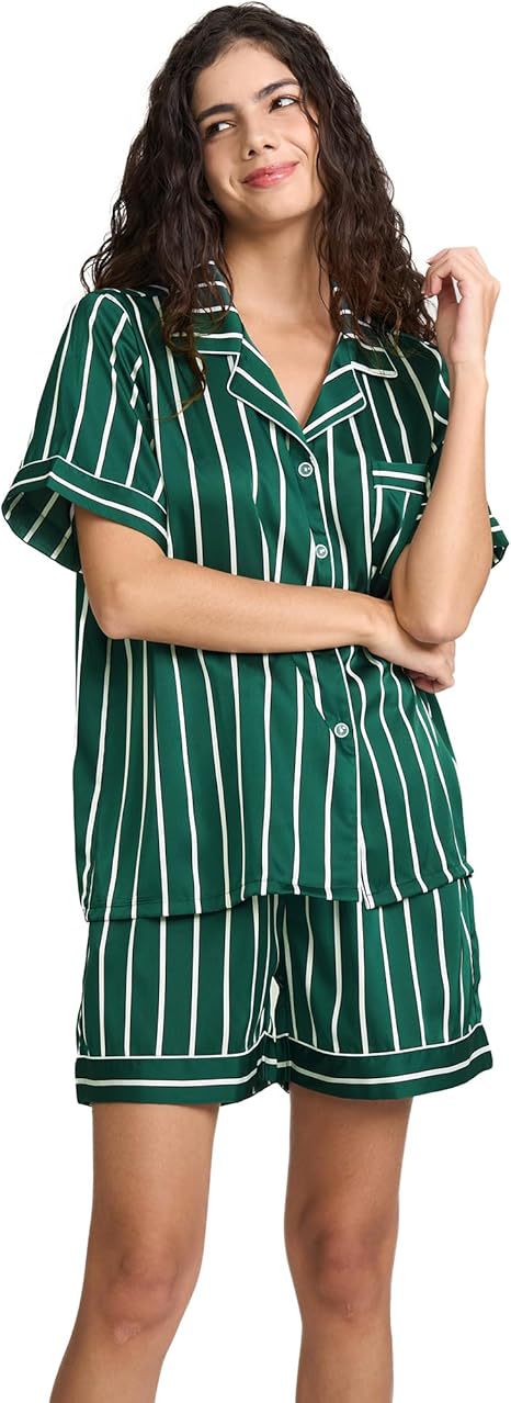Women's Cuban Collar Satin Striped Print Short Sleeve Shirt Set