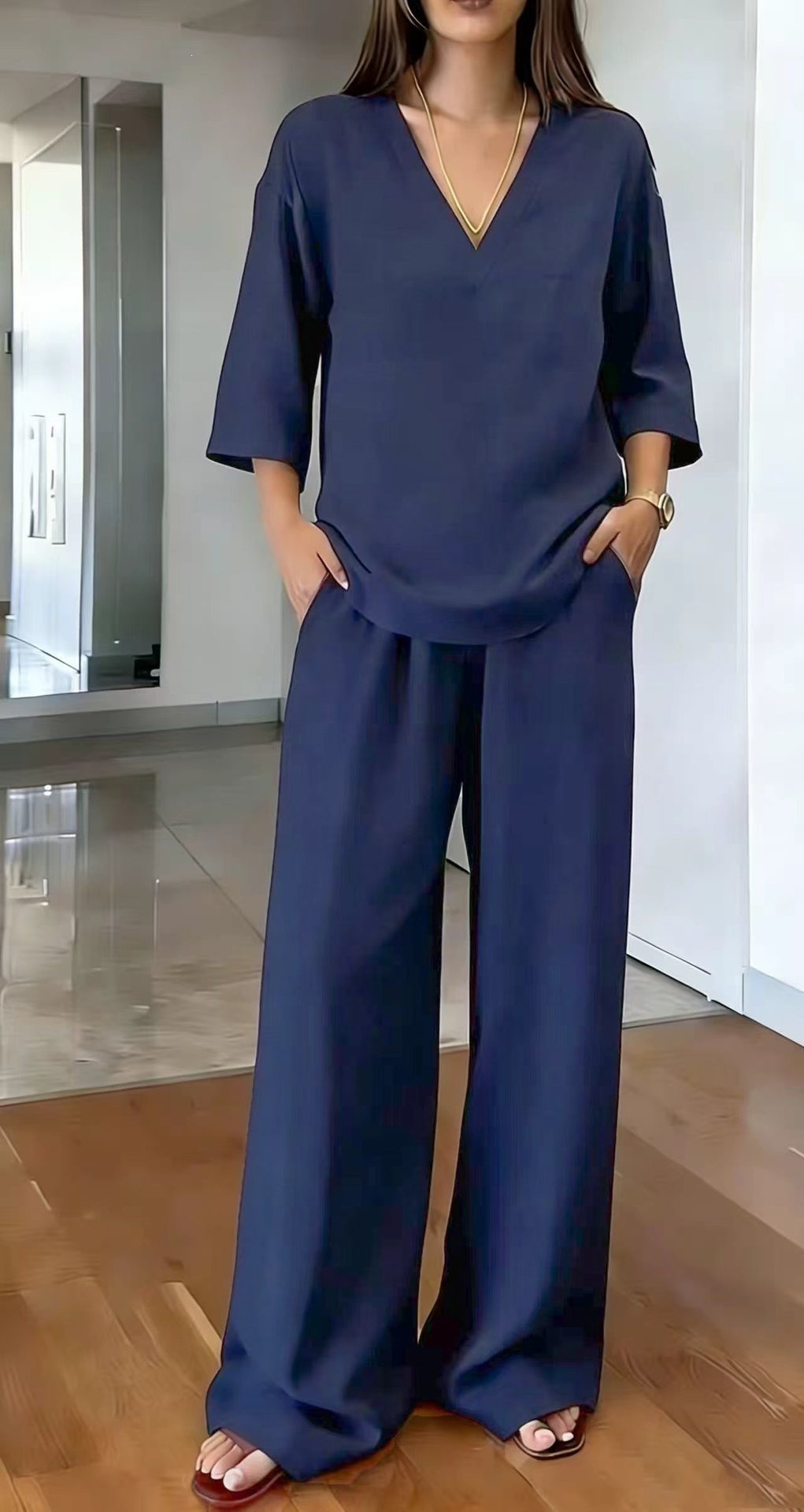 Women's Solid V-Neck Half-Sleeve Top & Wide-Leg Pants Casual Set