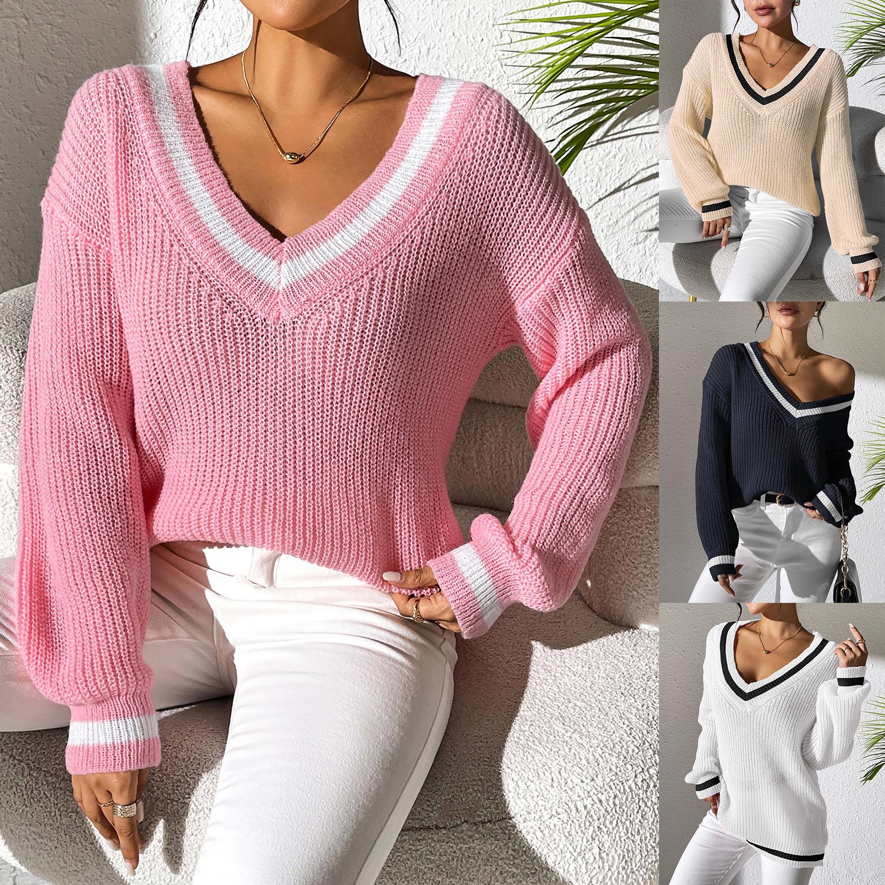 Women's Preppy Color-Block V-Neck Sweater