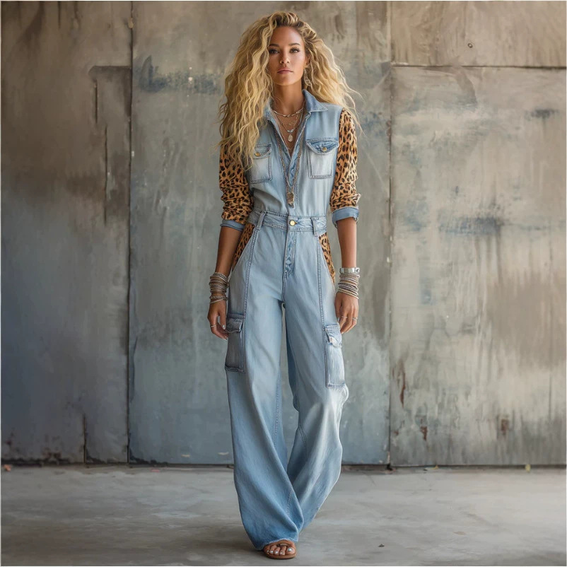 Retro Leopard Patchwork Blue Jumpsuit