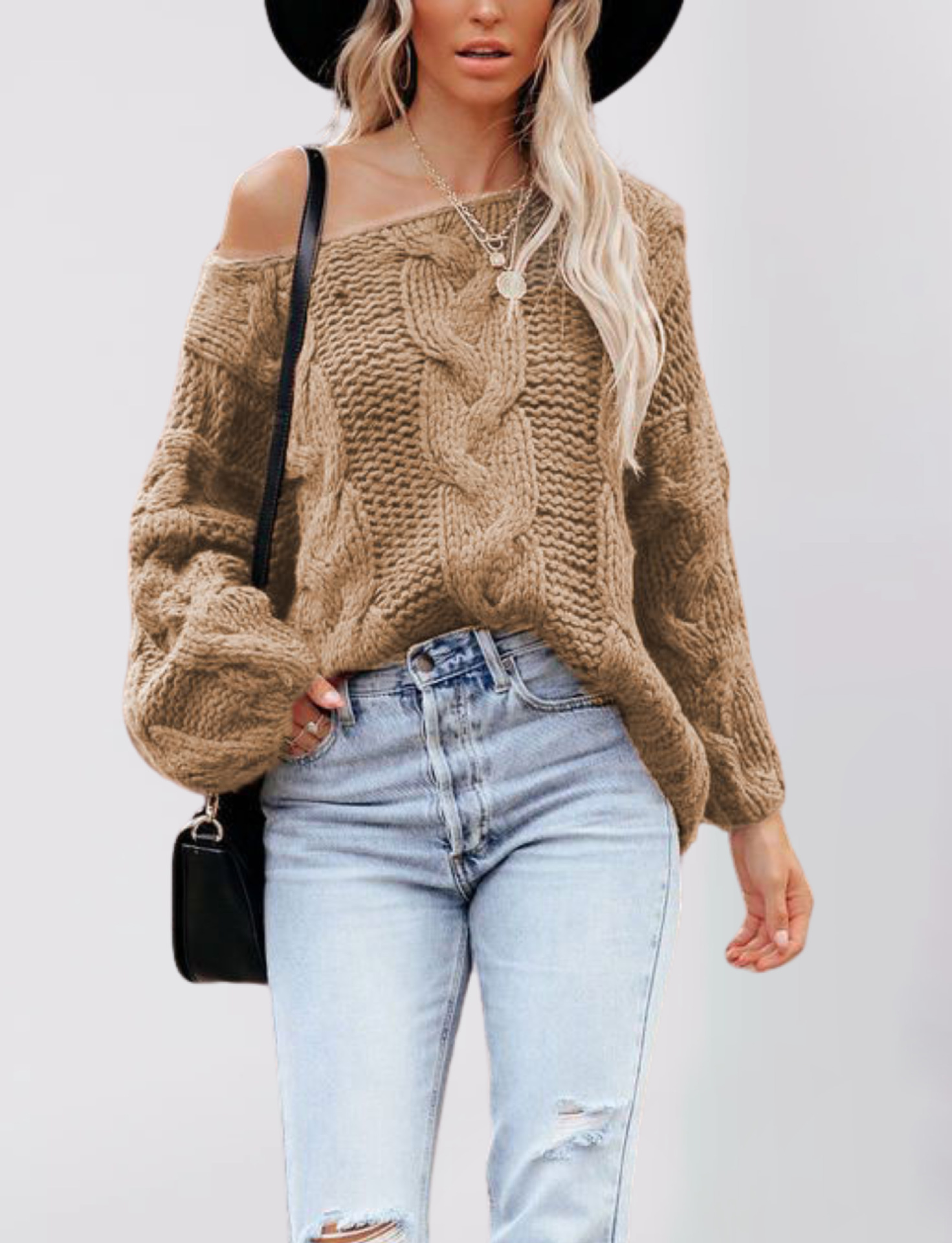 Women's Off-Shoulder Cable Knit Pullover Sweater