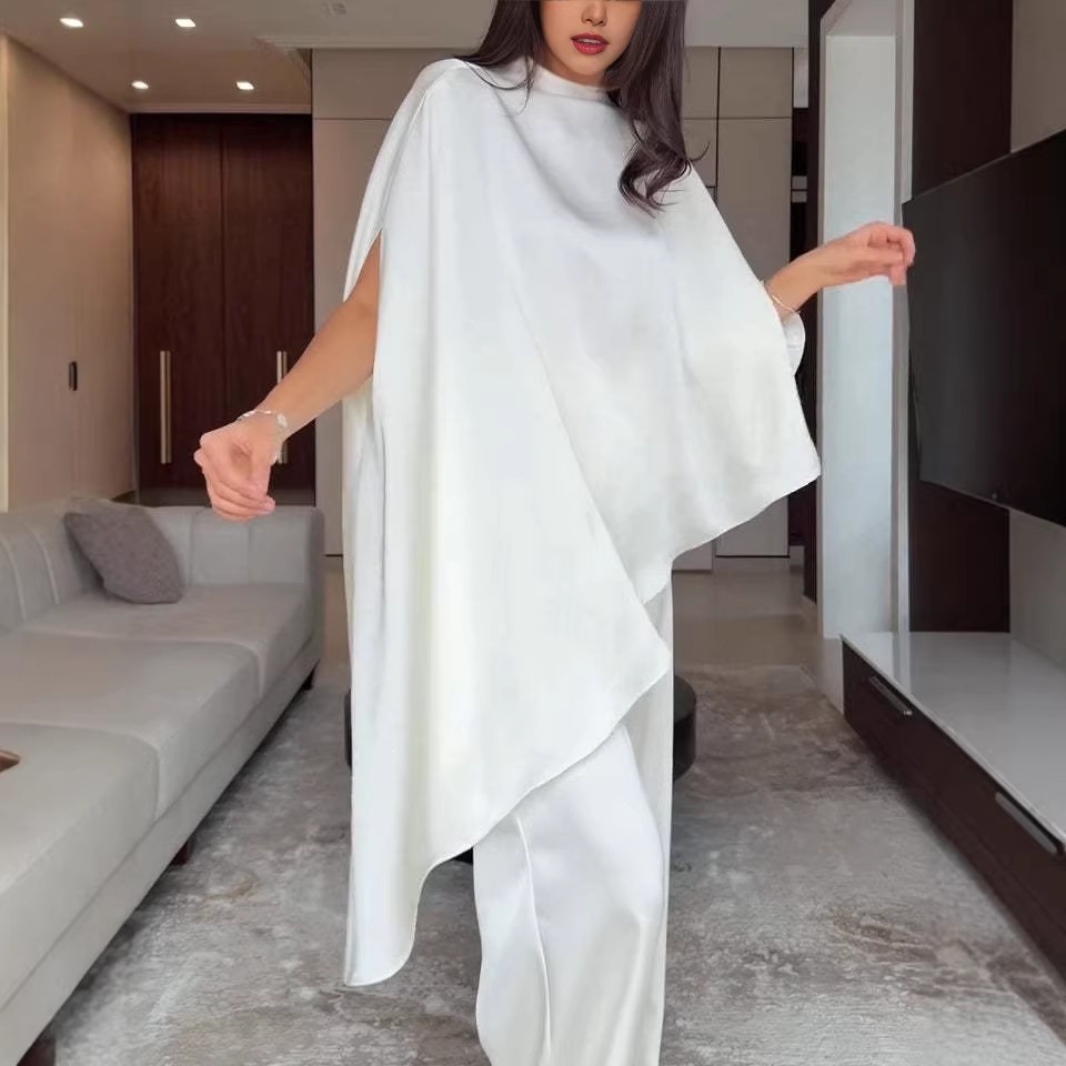 Satin Draped Two-Piece Set with Shawl Top and Wide-Leg Pants