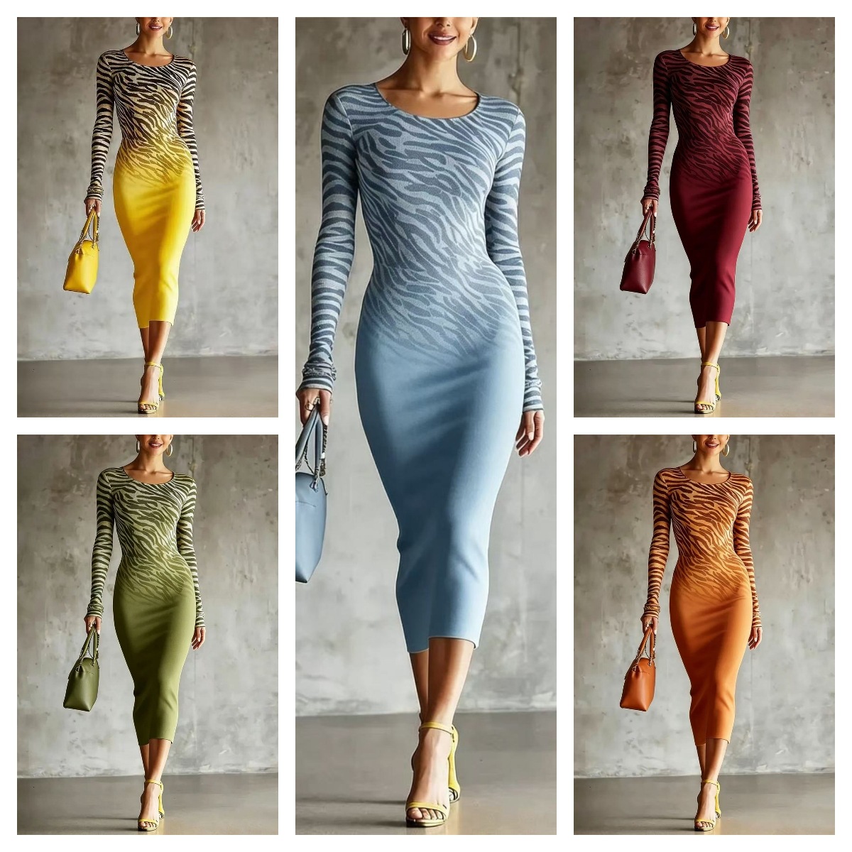 Gradient Zebra Print Long Sleeve Bodycon Midi Dress