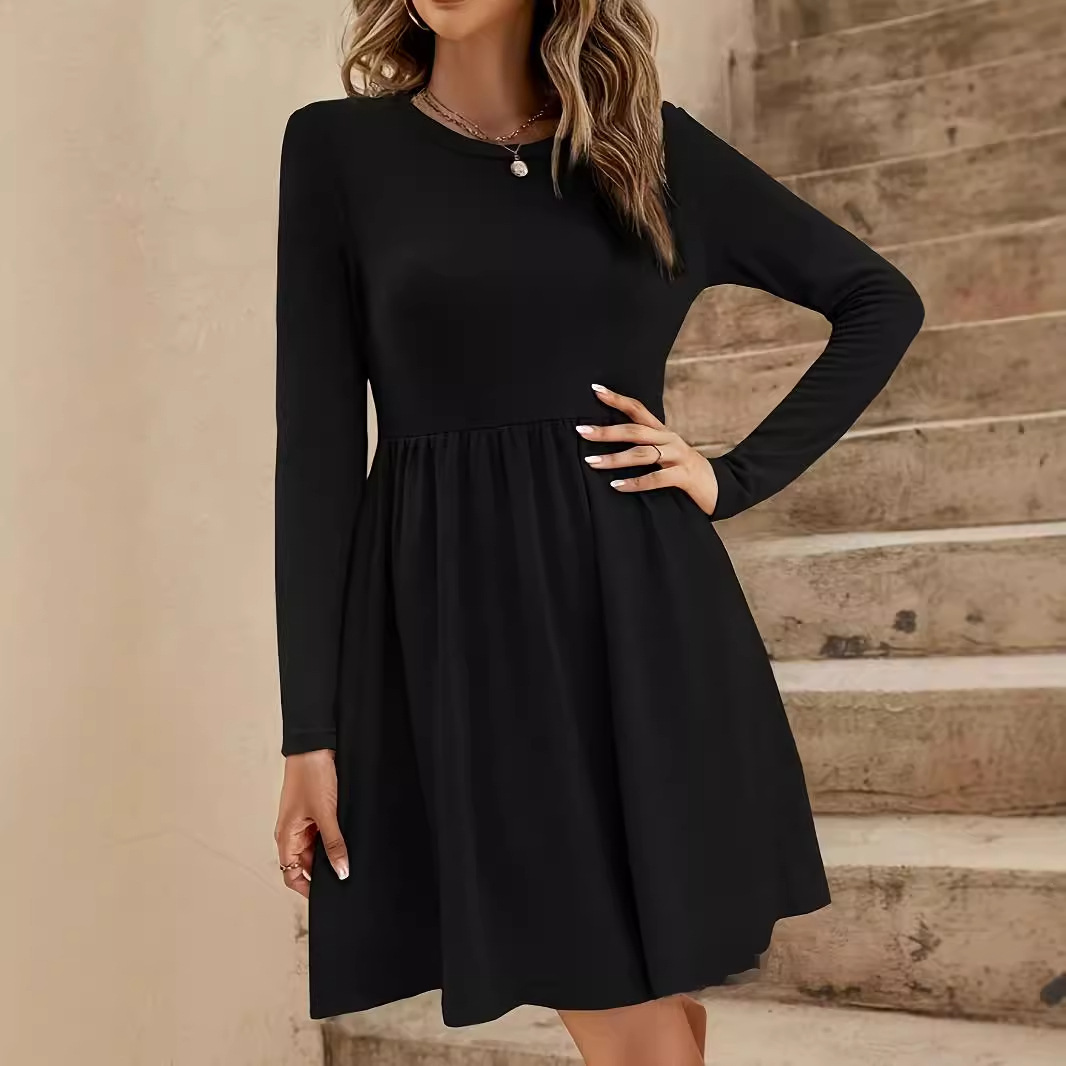 Women's Casual Long Sleeve A-Line Dress with Pleated Loose Fit