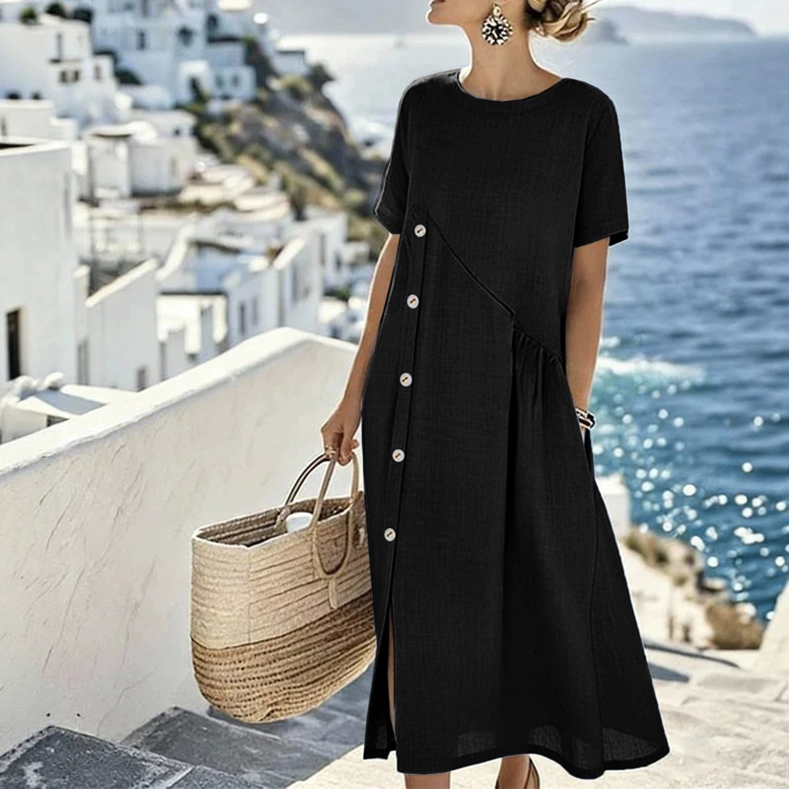 Casual Button-Trim Midi Dress with Pockets