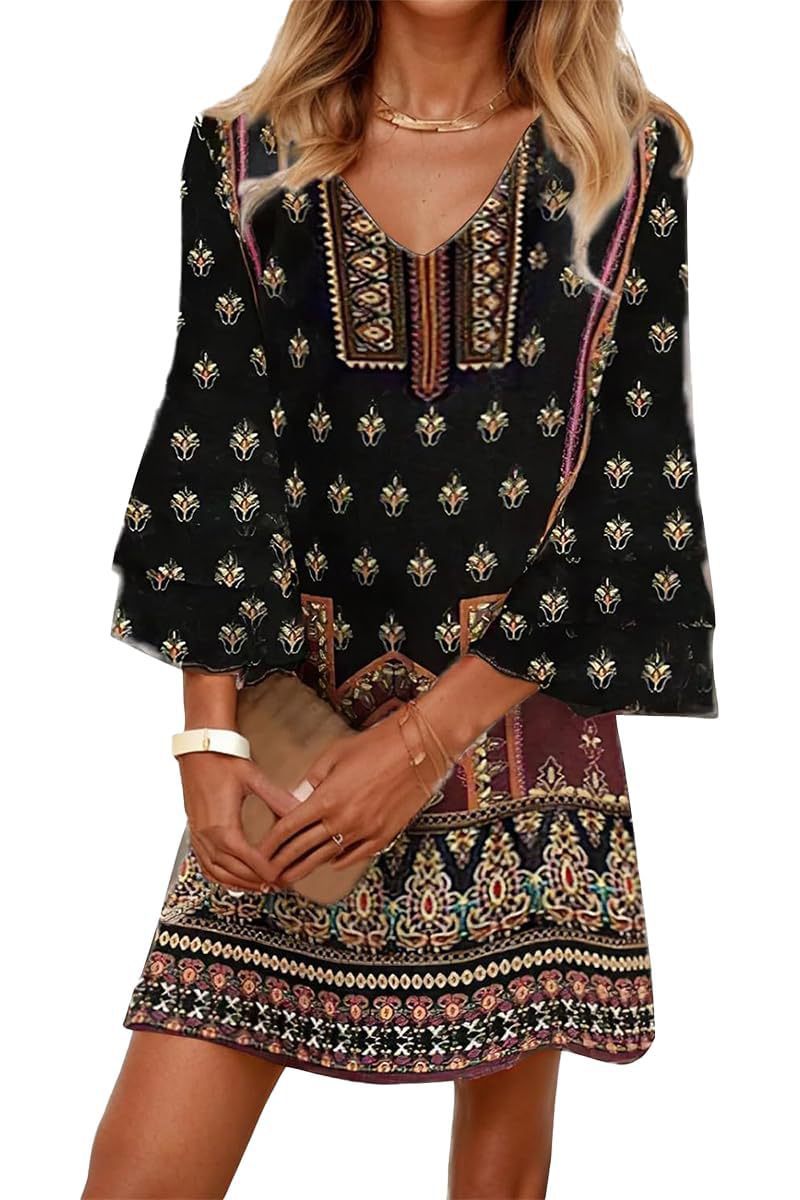 Women's Boho Floral Print Ruched Midi Dress