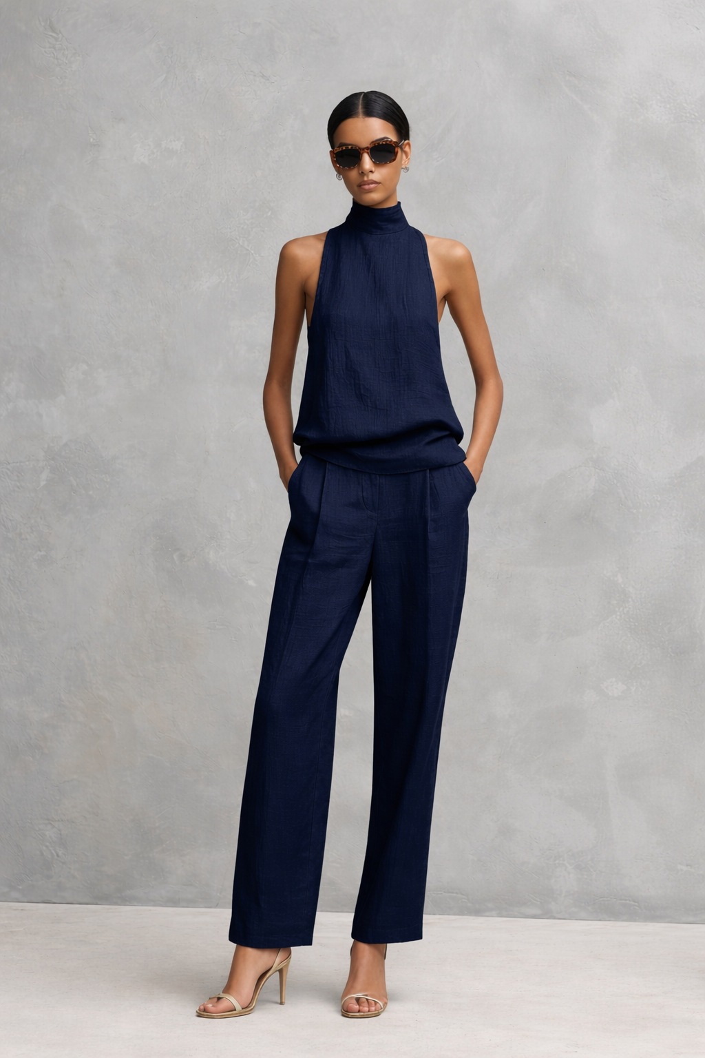 Women's Sleeveless High Neck Top & Wide Leg Pants Set