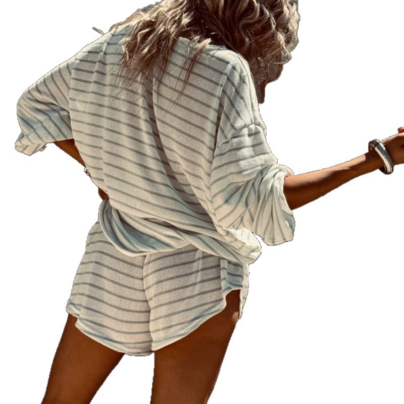 Women's Striped Two-Piece Set with Lantern Sleeve Top and Shorts