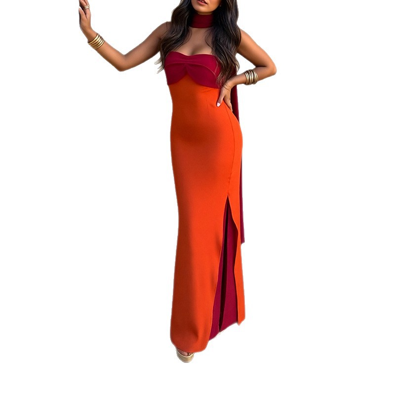 Elegant Ribbon Accent High-Slit Evening Dress with Spliced Design