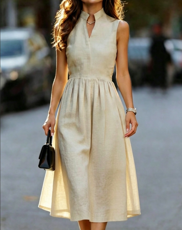 French Stand Collar Sleeveless Linen A-Line Midi Dress