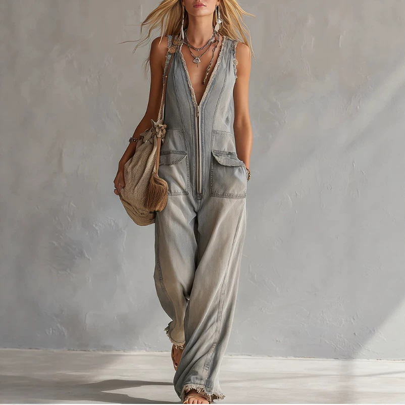 Vintage Washed Gray-Blue Denim Jumpsuit
