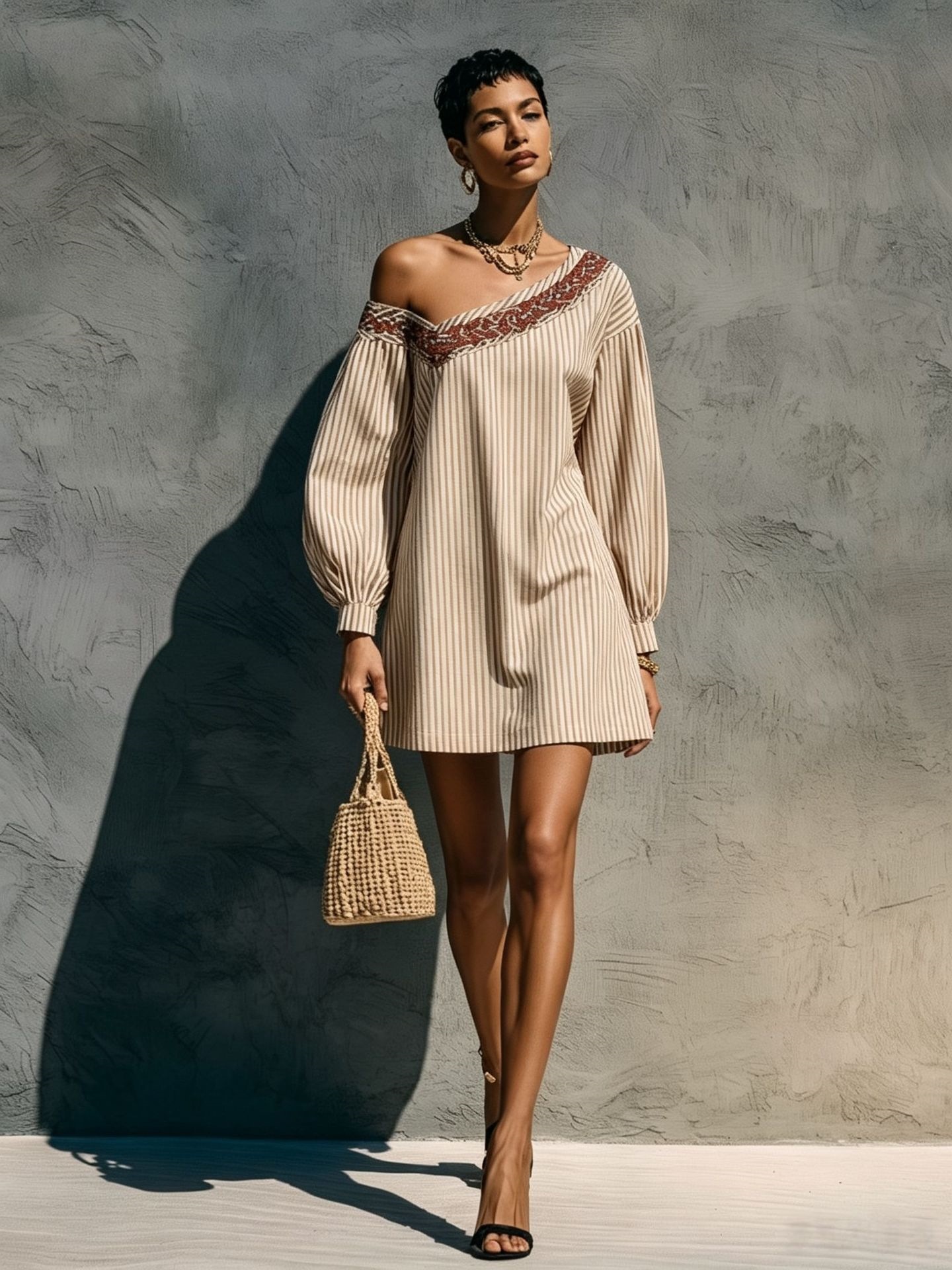 Striped One-Shoulder Long-Sleeve Embroidered Mini Dress