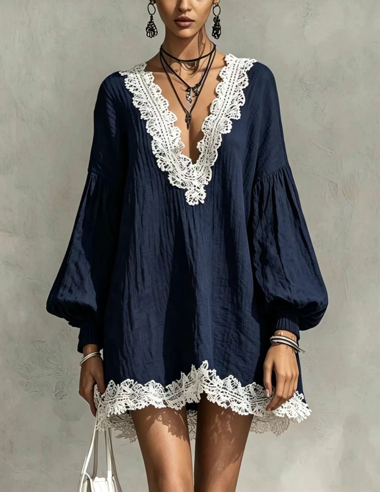 Color-Block V-Neck Lace Trim Lantern Sleeve Loose Dress