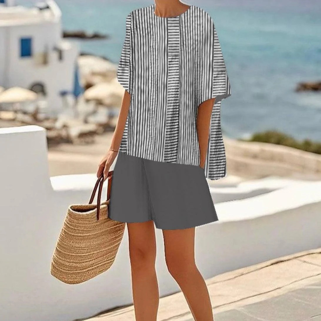 Retro Geometric Print Short Sleeve Top and Wide-Leg Shorts Set