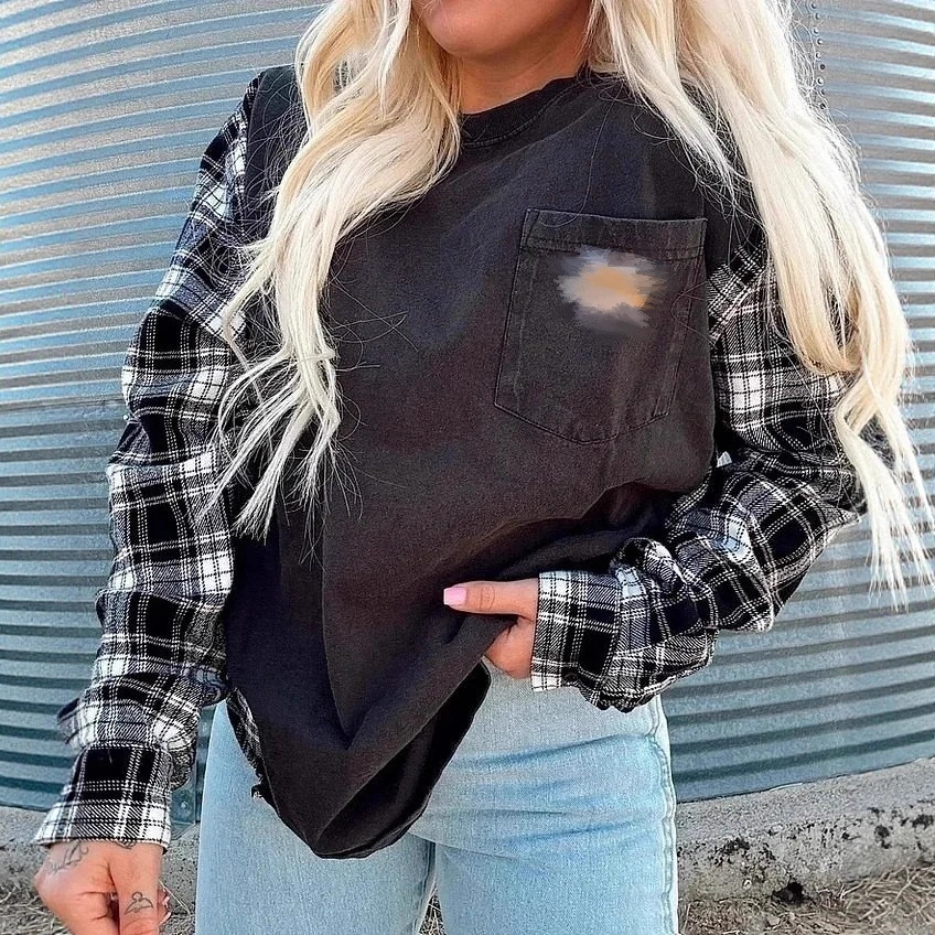 Women's Vintage Round Neck Long Sleeve Plaid Patchwork Sweatshirt