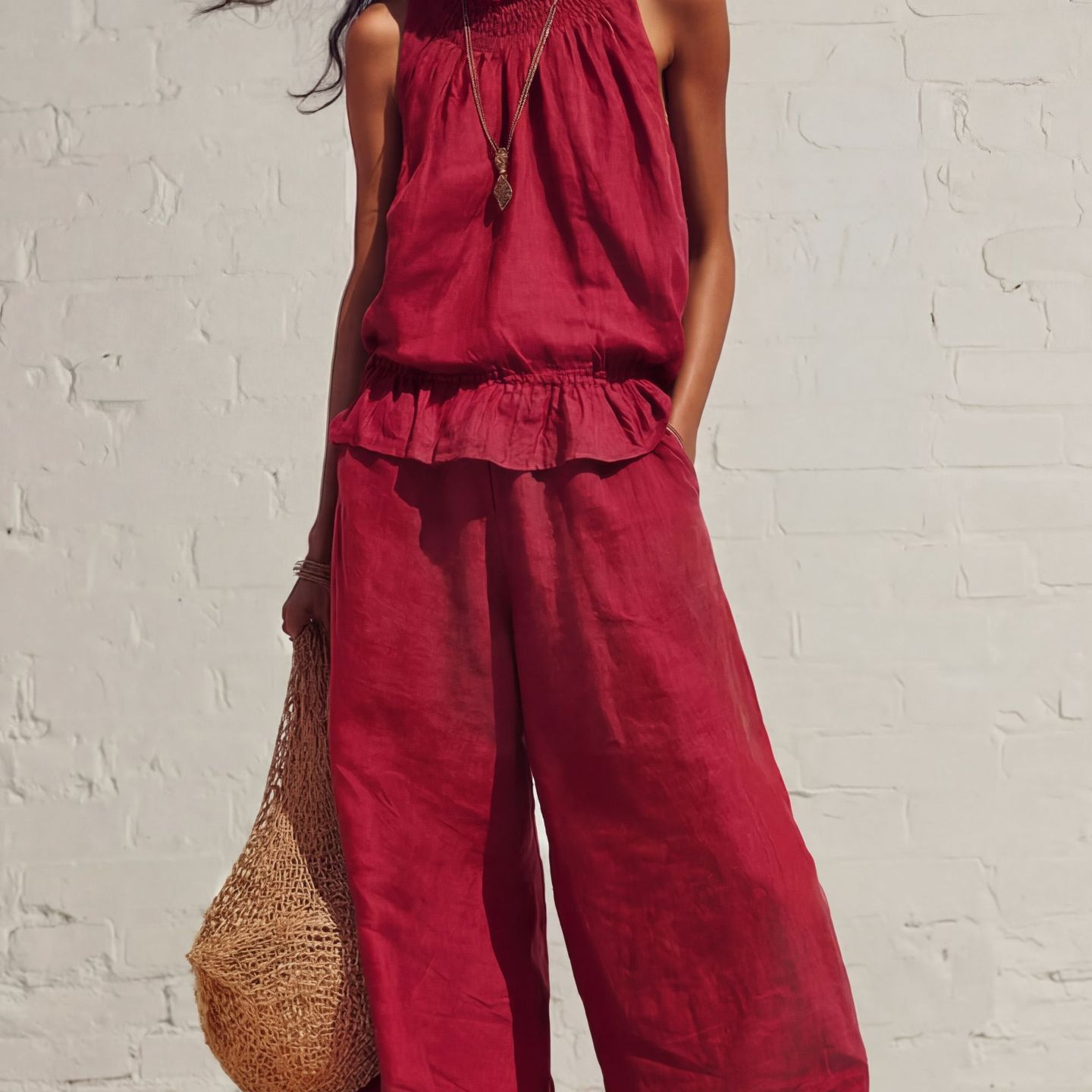 Women's Boho Ruffle Two-Piece Set Sleeveless Shirt and Wide-Leg Pants