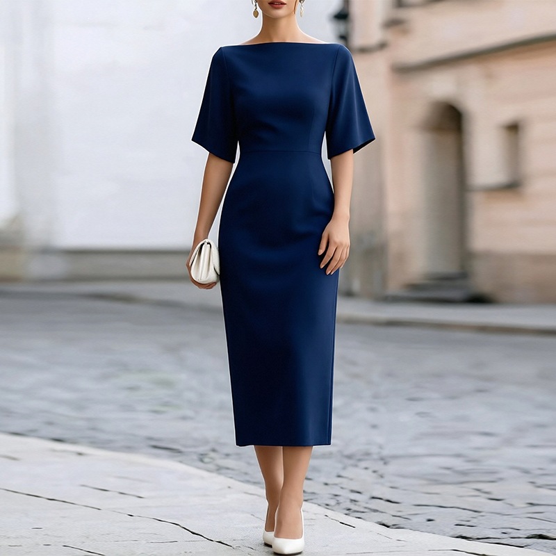 Women's Slim Fit Square Neck Midi Dress Solid Color