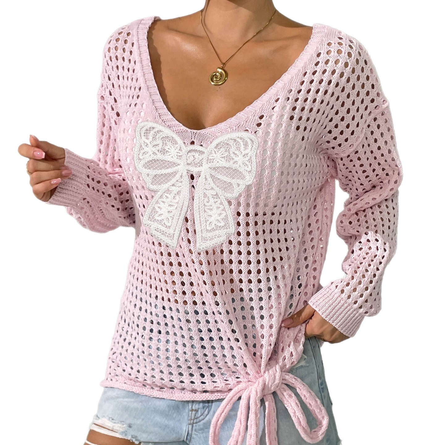 Women's Open-Knit Butterfly Pullover Sweater with Tie Detail