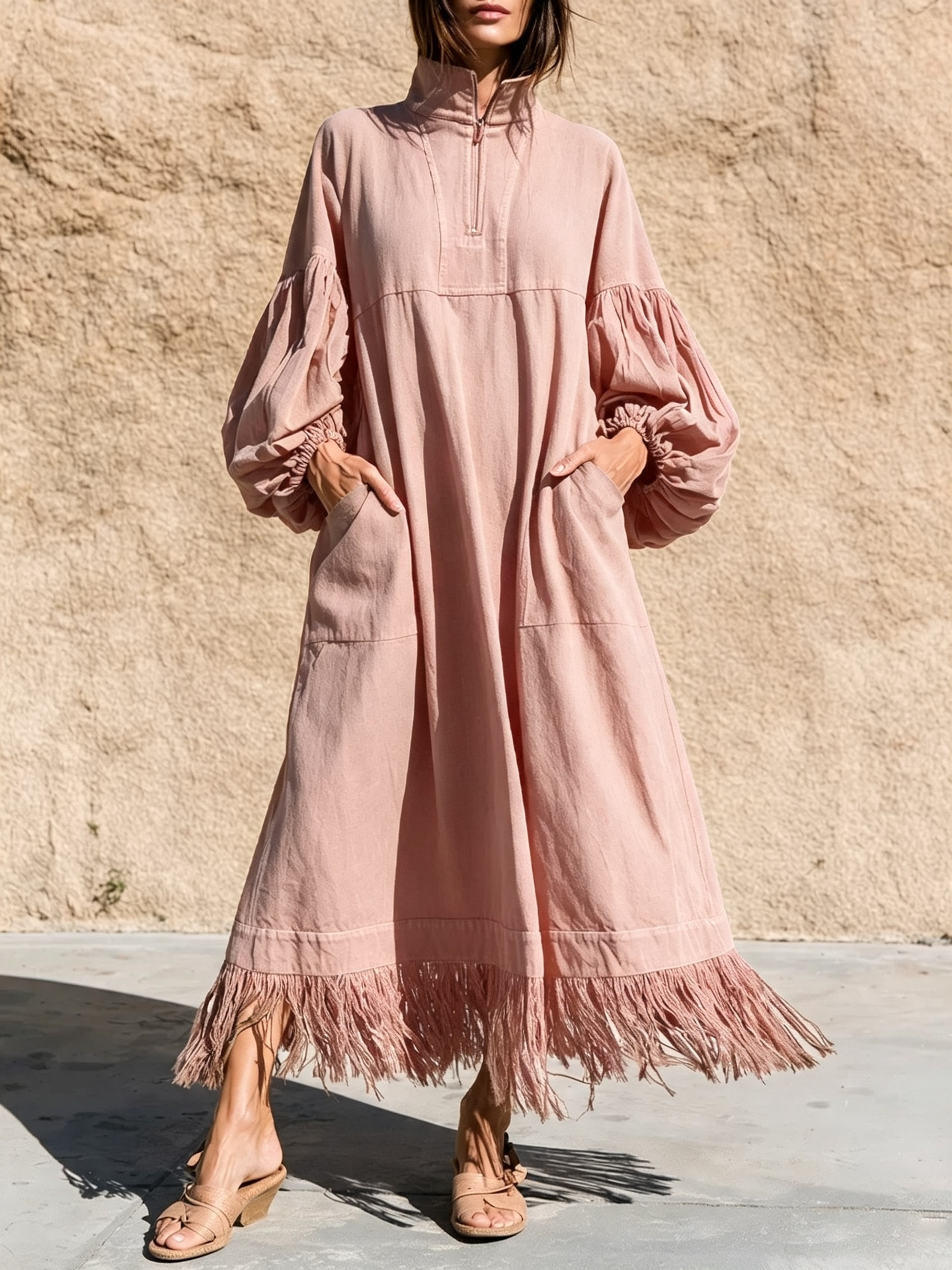 Women's Stand Collar Zip Lantern Sleeve Loose Dress with Fringe Hem
