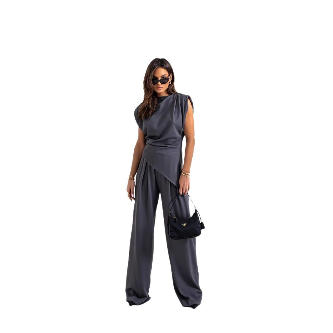 Women's Casual Solid Color Asymmetrical Short Sleeve Two-Piece Set