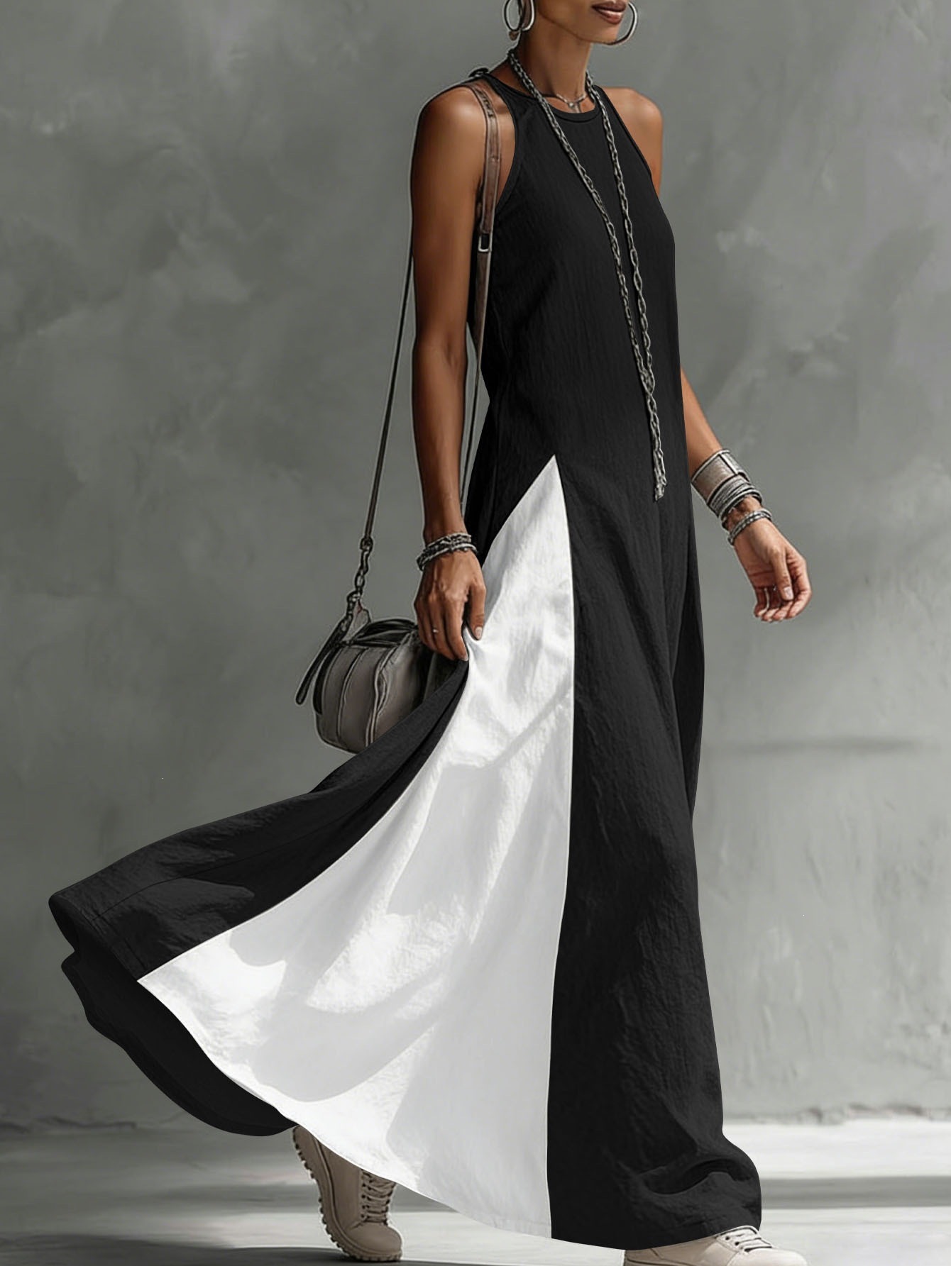 Color-Block Sleeveless Off-Shoulder A-Line Maxi Dress with Pockets