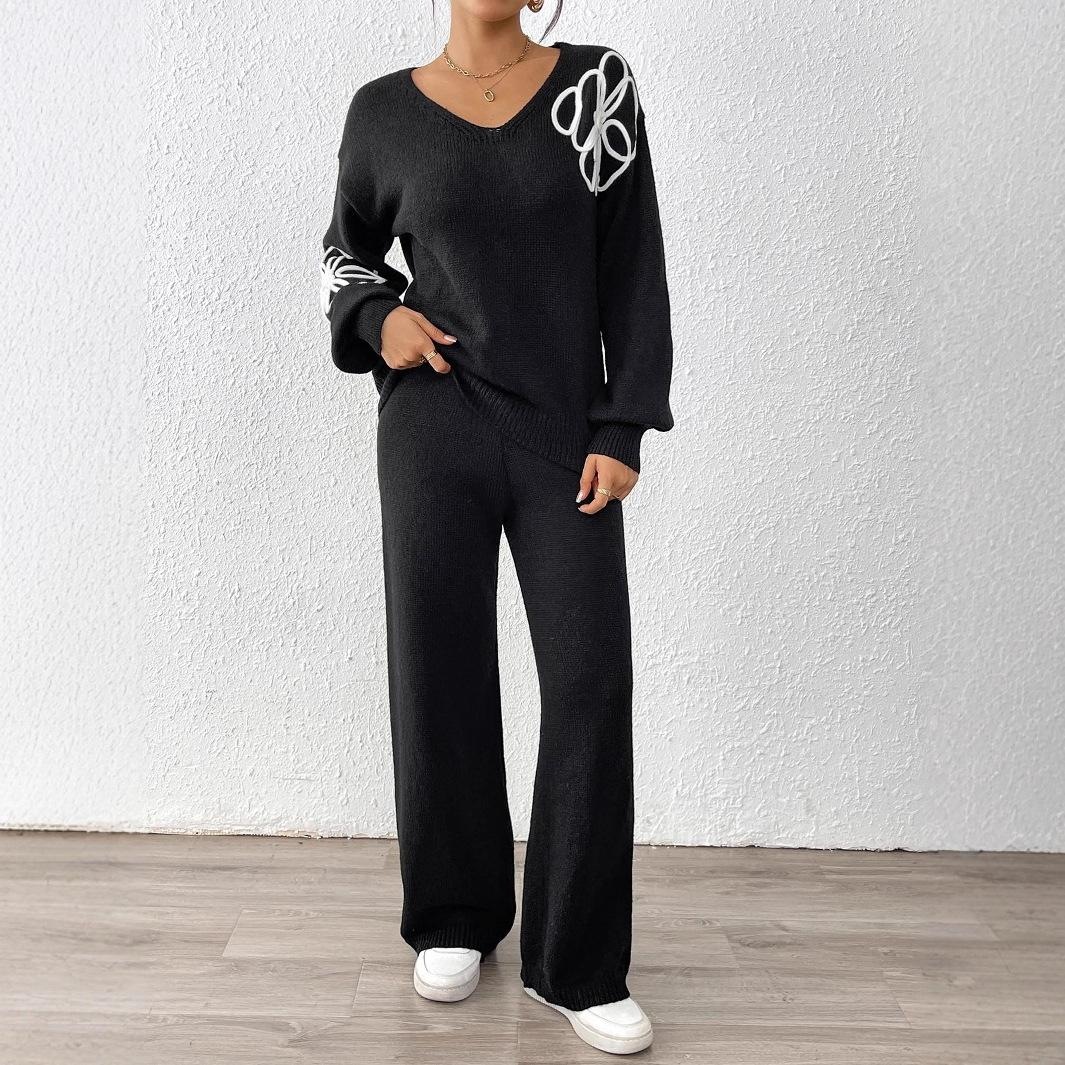 Women's Floral Embroidered V-Neck Sweater and Straight Pants Two-Piece Set