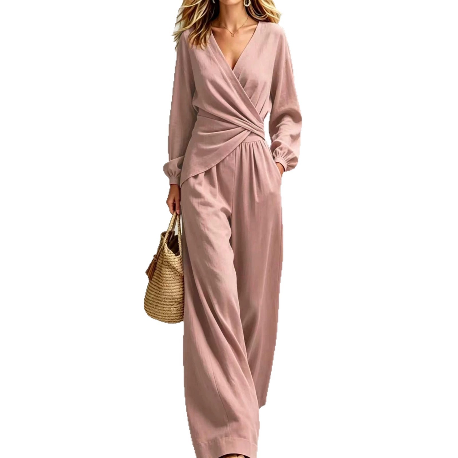Women's Puff Sleeve Two-Piece Pant Set Slimming Elegant