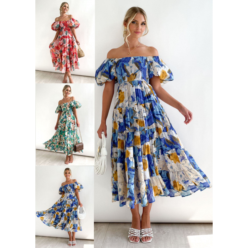 Square Neck Lantern Sleeve High Waist Off-Shoulder Loose Long Dress