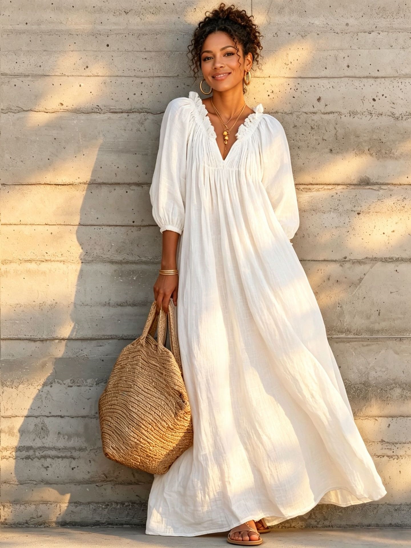 V-Neck Lantern Sleeve Boho Maxi Dress