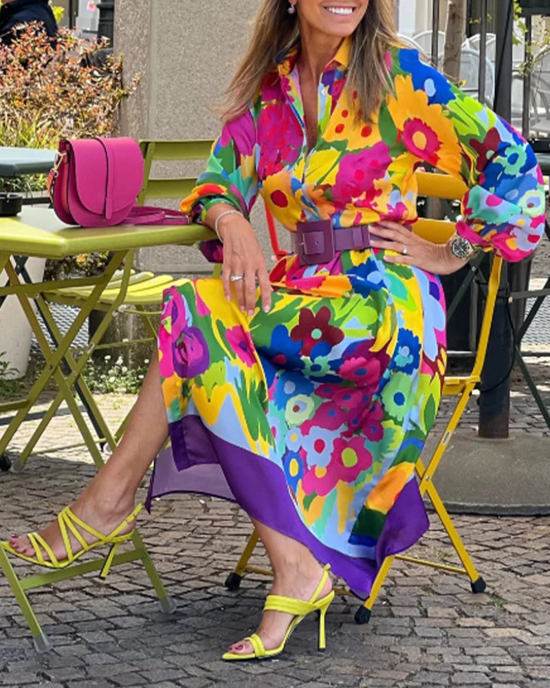 Elegant Floral Print Long Sleeve Shirt Dress