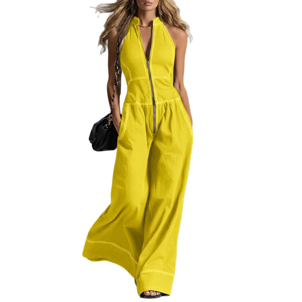 Women's Sleeveless Stand Collar Wide-Leg Jumpsuit