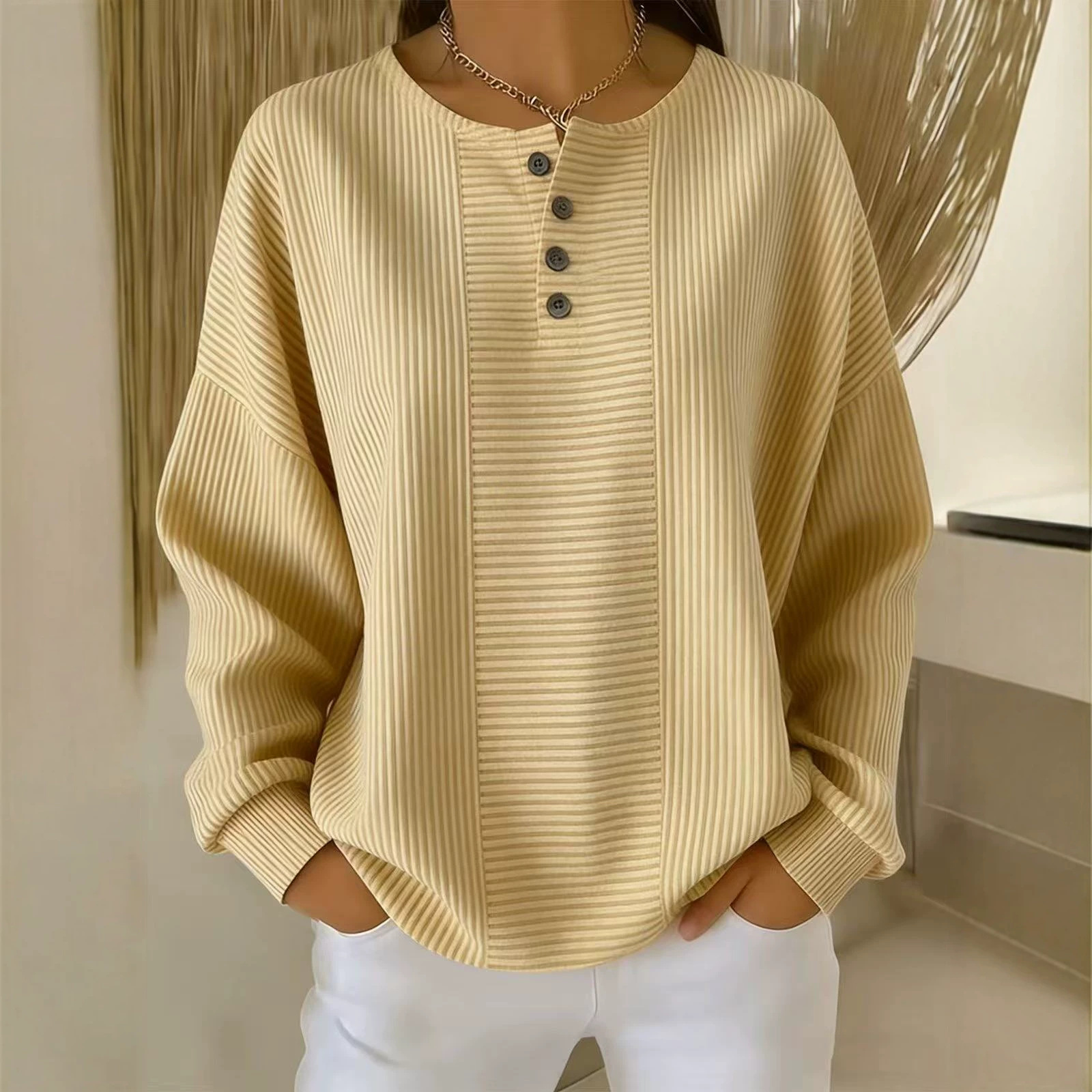 Women's Solid Print Button Sweatshirt