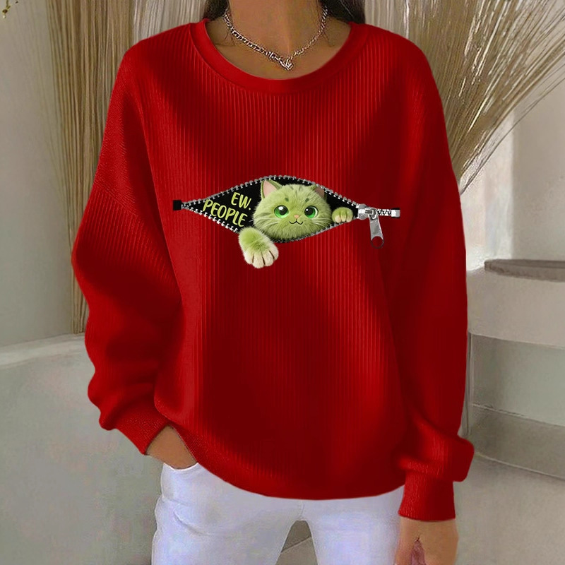 Women's Cartoon Cat Print Zip-Up Crewneck Sweatshirt