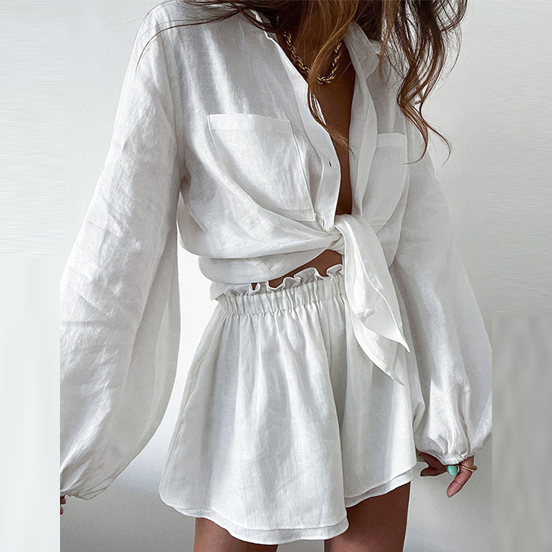 Women's Casual Solid Ruffle Shorts and Shirt Set