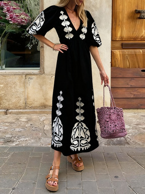 Floral Print V-Neck Puff Sleeve Open Back Loose Casual Midi Dress