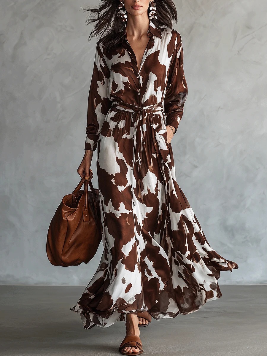 Brown & White Cow Print Long Sleeve Button-Front Waist-Defining Maxi Dress
