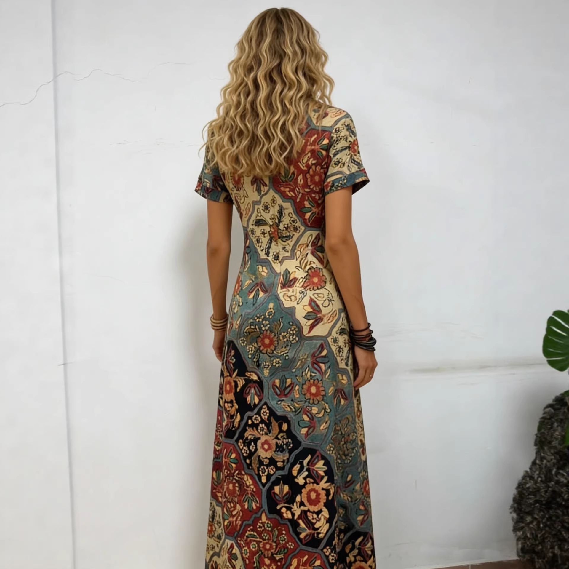 Women's Vintage Floral Print Short Sleeve Midi Dress