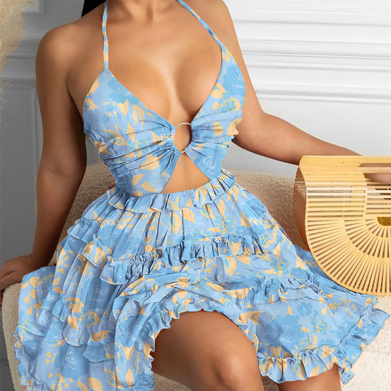 Women's Halter Neck Printed Cutout Ruffle Hem Dress