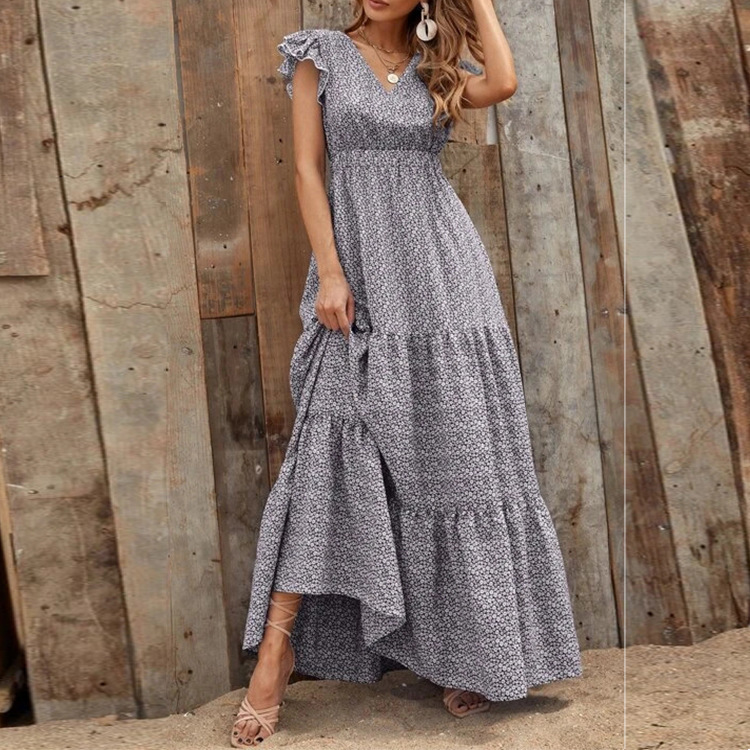 Bohemian V-Neck High-Waist Floral Print Maxi Dress with Ruffle Sleeves