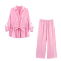 Women's Two-Tone Collared Long-Sleeve Shirt and Pants Set