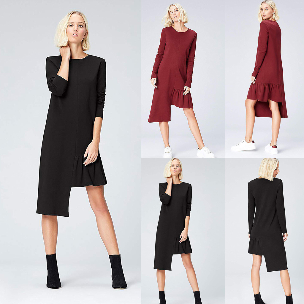 Irregular Round Neck Solid Color Midi Dress