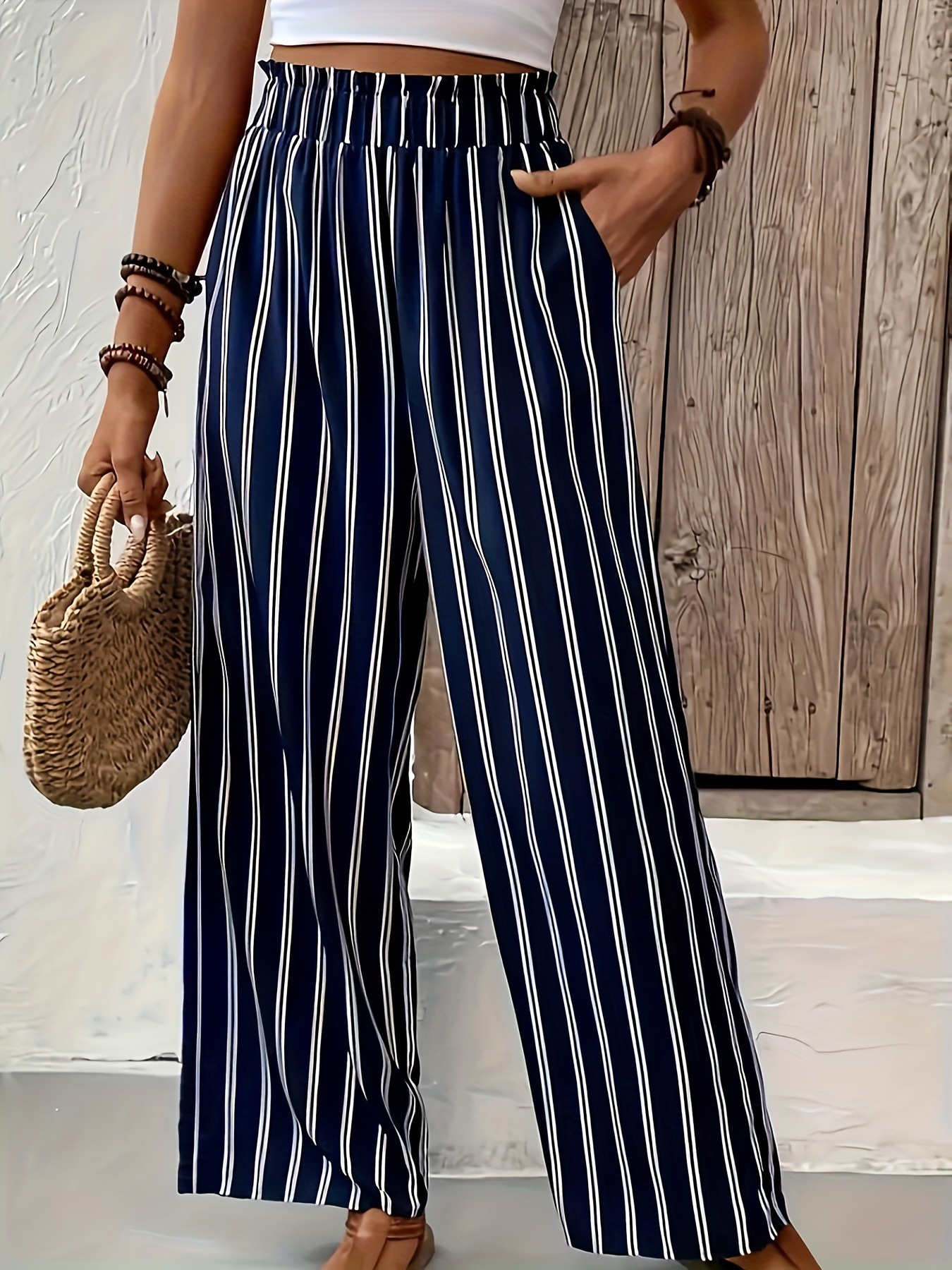 Striped Wide-Leg High-Waist Casual Pants for Women